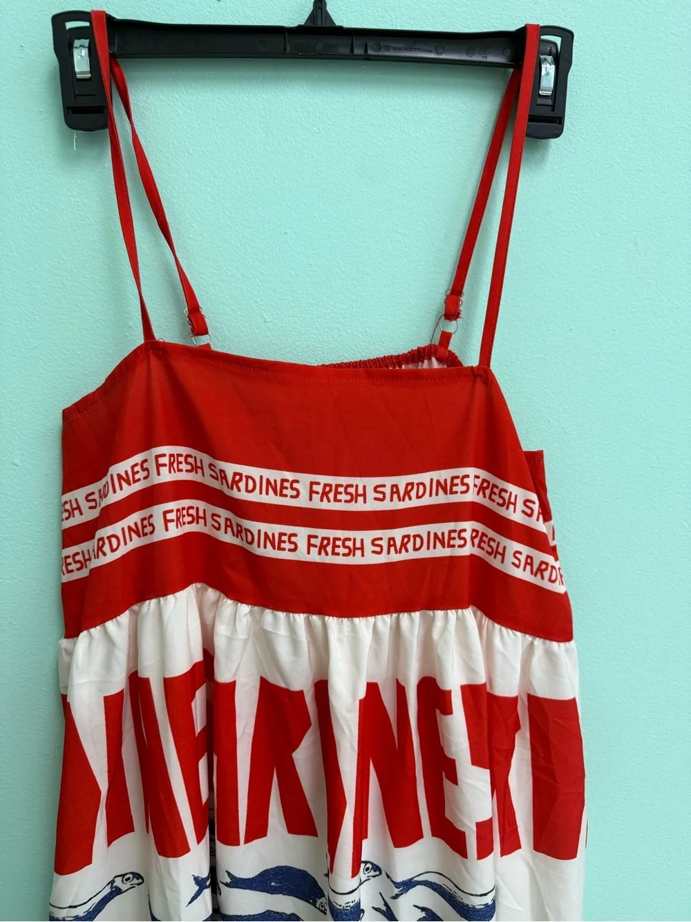 Red & White Graphic Sardine Print Maxi Dress